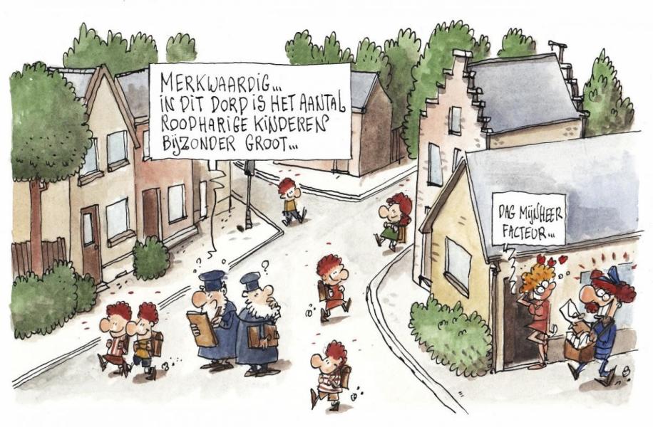 Cartoon van een dorp met opvallend veel roodharige kinderen met onderaan in de hoek de postbode met dezelfde haarkleur.