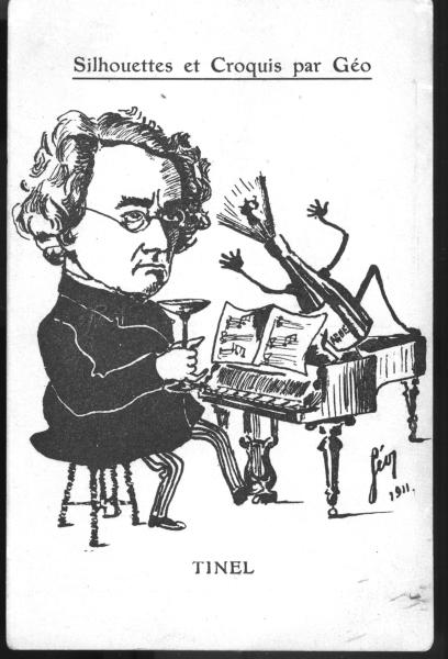 Cartoon van Tinel, drinkend aan de piano