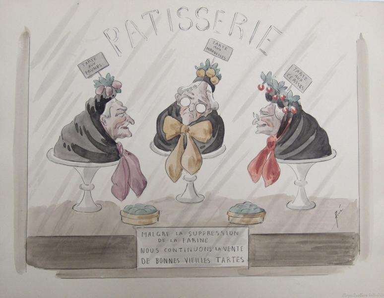 Spotprent uit de museumcollectie. In het Frans lees je 'Ondanks het gebrek aan bloem, blijven wij onze goede oude taarten verkopen'. 