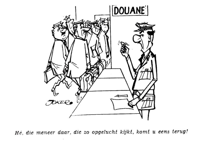 Een douanier in een grenspost roept iemand terug die opgelucht kijkt als hij voorbij de balie is