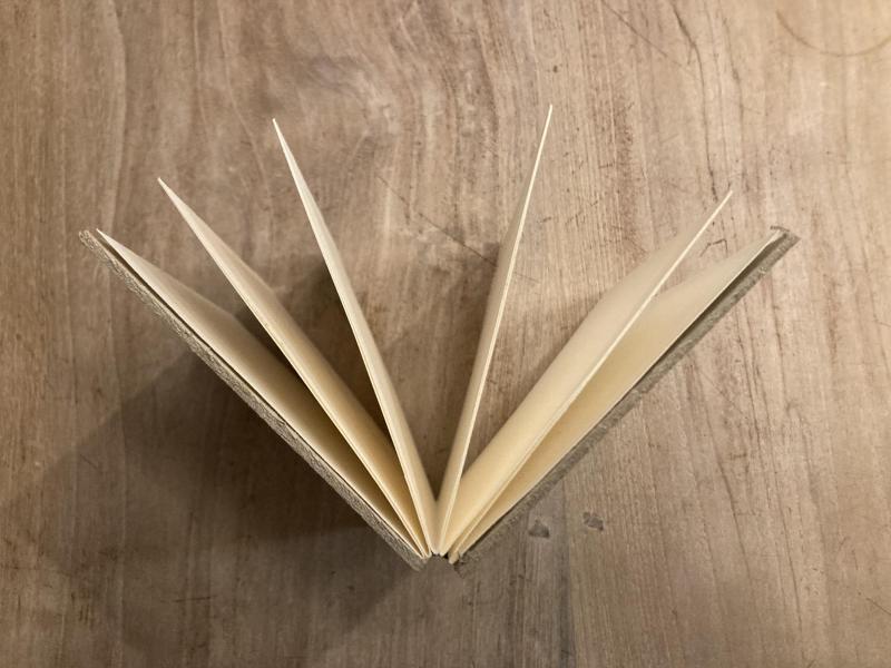 Opengevouwen klein boekje met grijze kaft en lege, crèmekleurige pagina’s. Het boek ligt als een waaiervorm op een houten werktafel, met de rug in het midden en de bladen naar beide kanten uitgespreid.