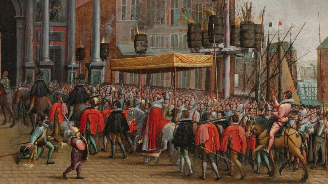 fragment uit een schilderij intrede van de Hertog van Anjou in Antwerpen op 19/02/1582